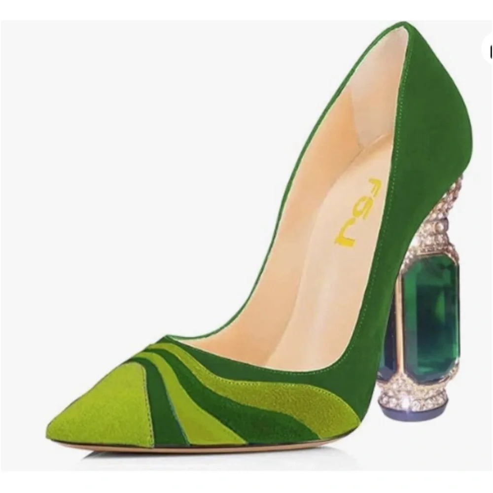 FSJ Women Bridal Pointed Toe Chunky Block High Heel Crystal Pumps Slip on - Picture 4 of 6